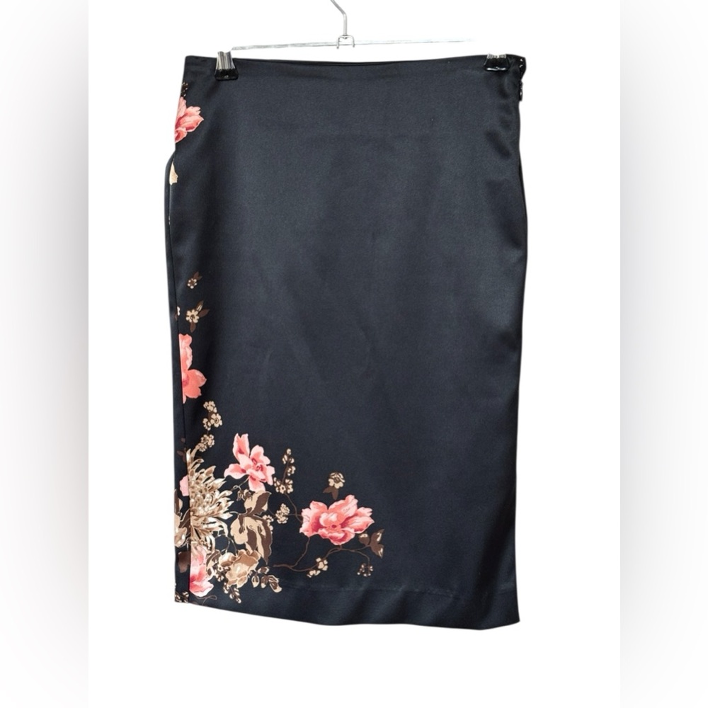 Le Château Y2K Vintage Black Floral Satin Pencil Skirt Side Slit 00 Spring XXS - Picture 2 of 13